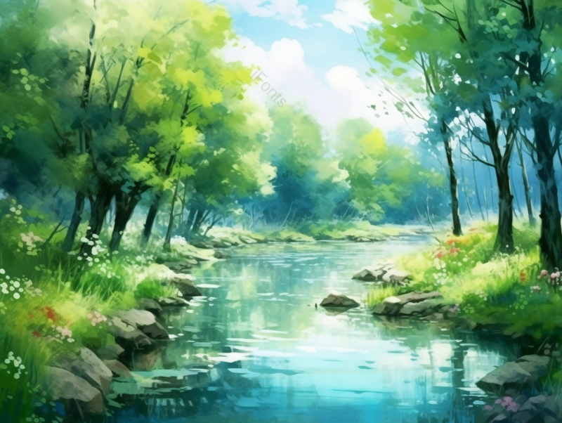 手绘树林小溪流水背景,插画/手绘图,插画/手绘图库,插画/手绘图下载,插画/手绘
